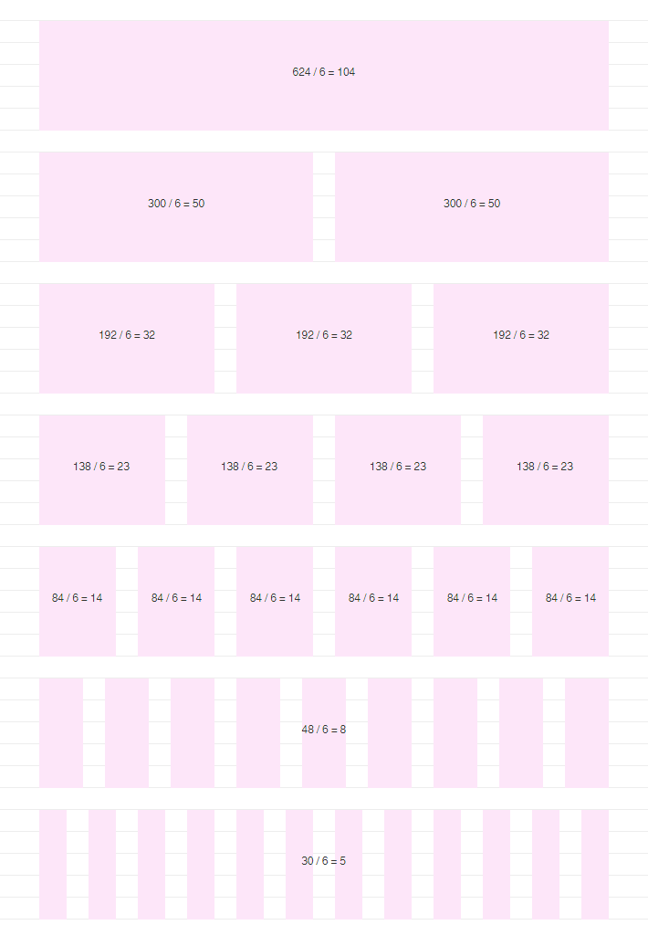 624px wide email system, 24px baseline and gutters, layout for a 6px grid