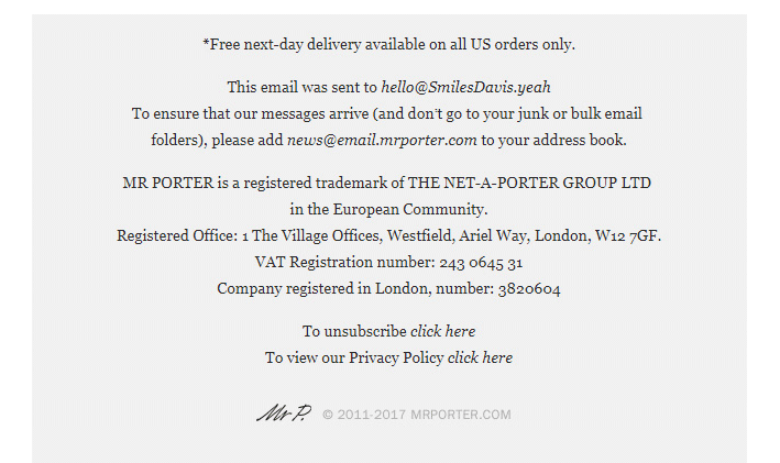 Mr Porter uses a single type size of 14px Georgia throughout its footer, across both desktop and mobile