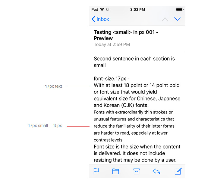 If you define text as small it sets the text down by two sizes on the iOS native email client