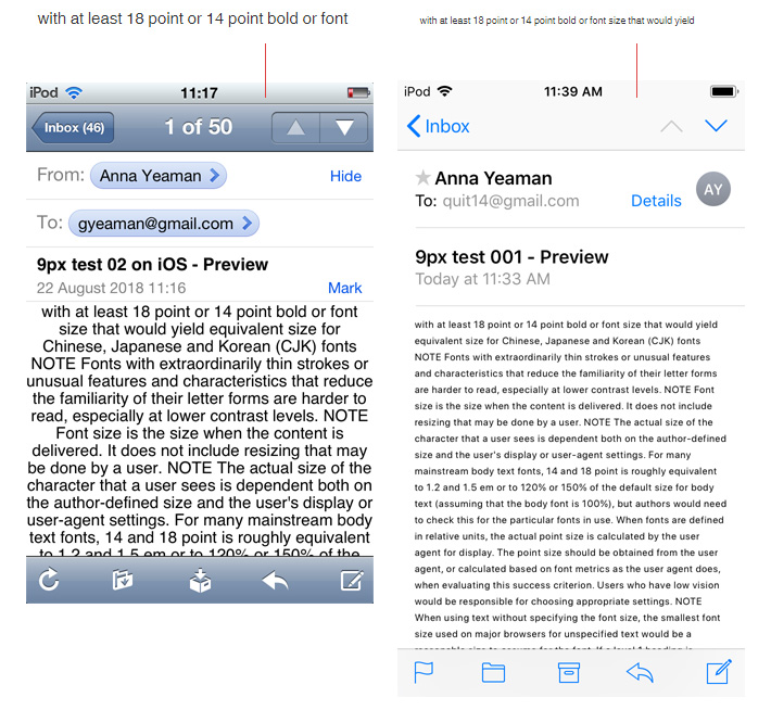 9px text on older iOS devices is auto-scaled up to 15pt (left), on newer it's not and renders at 9px (right)