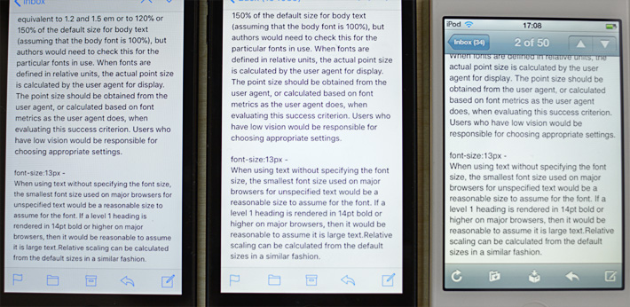 13px text rendered at three different sizes depending on how old the iOS device is