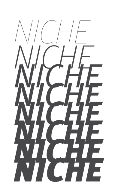 The word Niche repeated eight times in an overlapping vertical stack in different weights of FF Meta