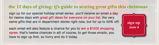 Each email will also feature a chance for you to win a $1000 shopping spree.  That's twelve chances in all!  Of course, to get those emails, you have to sign up first.  So hurry and do it today.