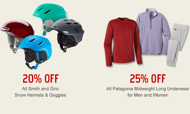 20% Off All Smith and Giro Snow Helmets & Goggles - 25% OFF All Patagonia Midweight Long Underwear for Men and Women