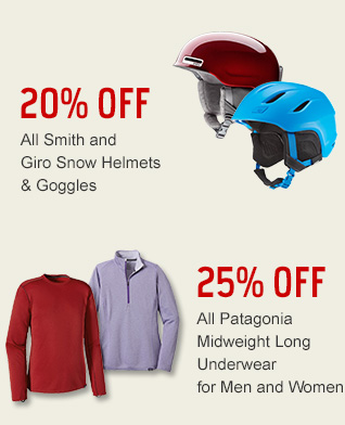 20% Off All Smith and Giro Snow Helmets & Goggles - 25% OFF All Patagonia Midweight Long Underwear for Men and Women