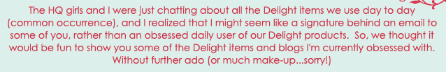 The HQ girls and I were just chatting about all the Delight items we use day to day (common occurrence), and I realized that I might seem like a signature behind an email to some of you, rather than an obsessed daily user of our Delight products.  So, we 