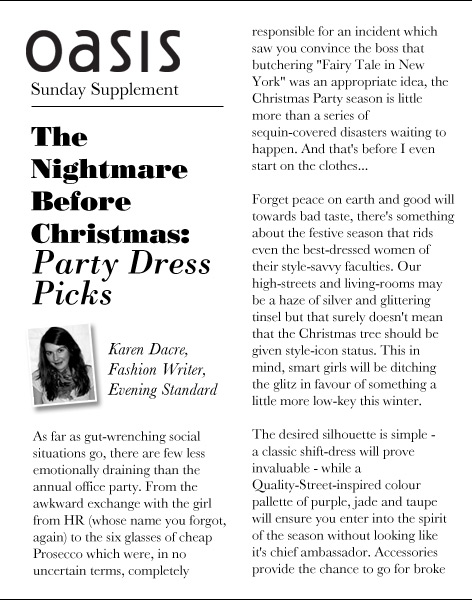 Oasis Sunday Supplement, Party Dress Picks from Karen Dacre, Fashion Writer, Evening Standard