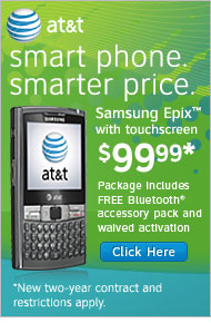 att&t, Smart Phone. Smart Price. Samsung Epix with Touchscreen, $99.99*. Package includes FREE Bluetooth accessory pack and waived activation. Click Here. *New two-year contract and restrictions apply. 