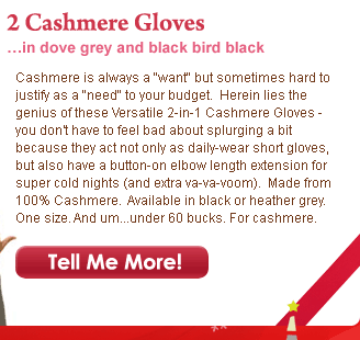Versatile Cashmere 2-in-1 Gloves -  Cashmere is always a "want" but sometimes hard to justify as a "need" to your budget.  Herein lies the genius of these Versatile 2-in-1 Cashmere Gloves - you don't have to feel bad about splurging
a bit because they act