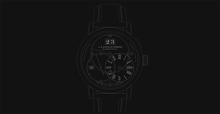 A. Lange & Söhne watch face with the strap, in white against a black background. Looks like a complex vector.