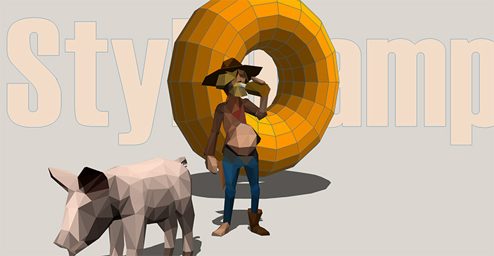 The words StyleCampaign in pink, big yellow polygon torus in front, a 3D game character drinking and a pink pig in front