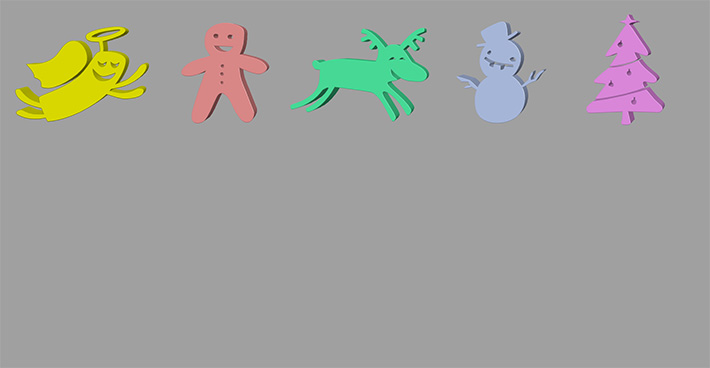 The Row of 5 cartoon Xmas vectors now look like 3d plastic toys, as they have been extruded (stretched out from 2d to 3d-ish, its 10pm hope my descriptions aren't too sloppy)