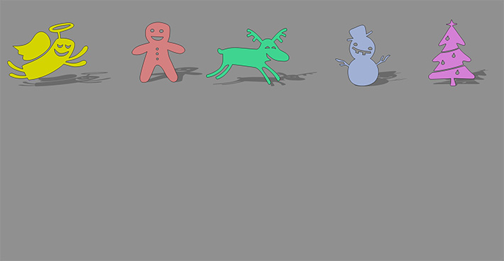 A row of five Xmas cartoon-y vectors in different colors, each with a shadow generated by VML extrude