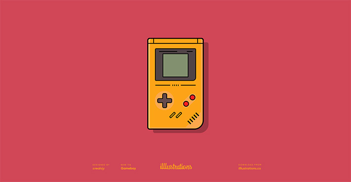 An illustration of a gameboy (handheld device for playing games) in yellow against a dark pink background. Has some text underneath biggest just says Illustrations, website it was from. 