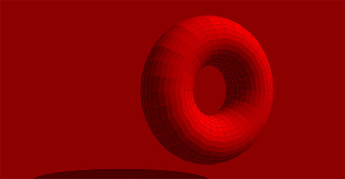 3D Polygon red torus on a red background.