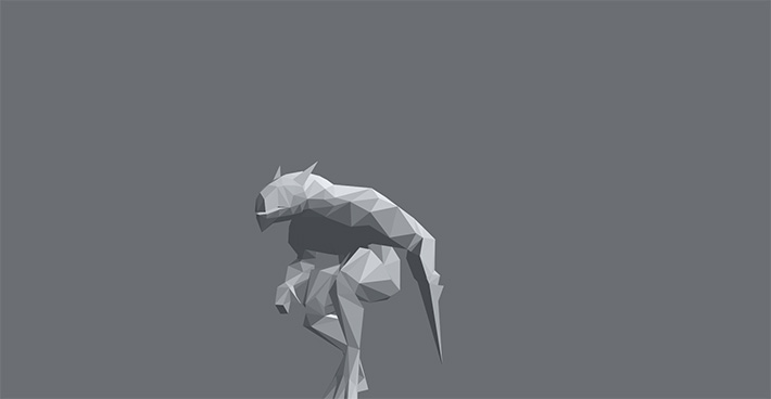 Grey 3D monster with knife for an arm, in the middle of a walk cycle.