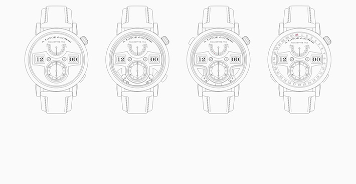Four watches in a row. Black outlines against white background (same fancy Lange watches as before, each is a slightly different model)