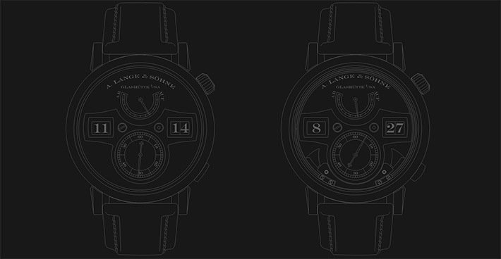 Two Lange watches this time on a row, white outlines against black