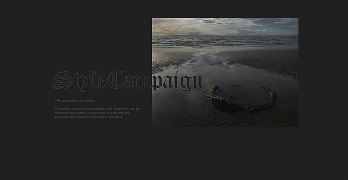 Photo of the tide out on a beach, on a black background. Stylecampaign overlaid, and a paragraph of text using textbox to the left. Image has an effect applied to it and the text is clearly a custom font so its a vector.
