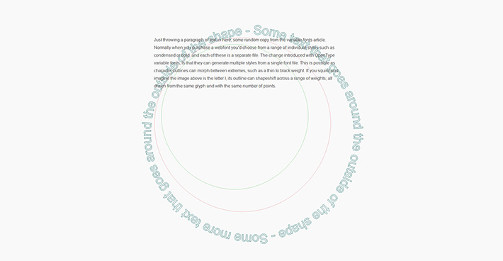 A paragraph of text that uses textbox, with text on top drawn in a circle using textpath