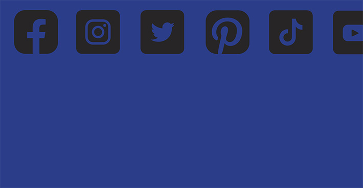 Row of six social media icons, black against purple