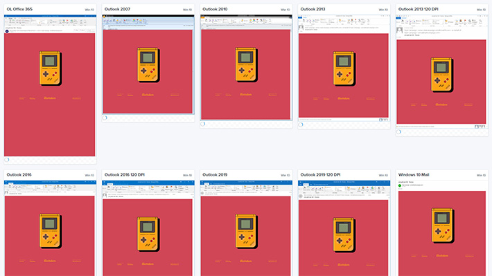 Bunch of Litmus screenshots of all the clients that support VML, showing the gameboy and they all look identical