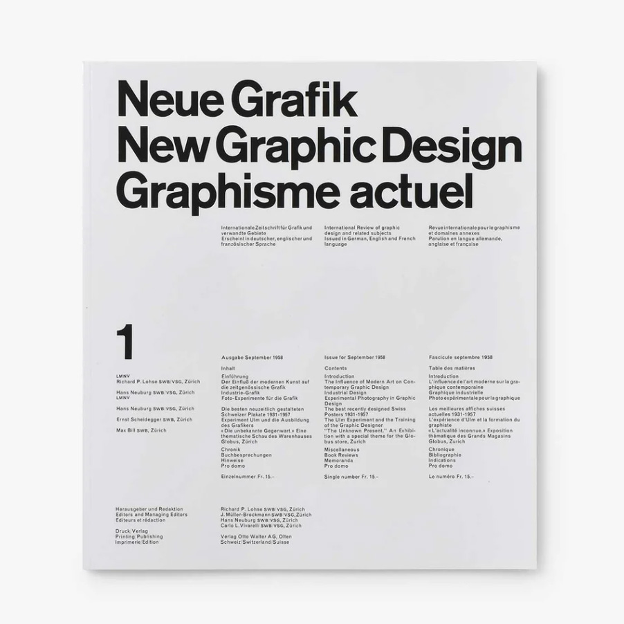White cover, square format, all-type cover with black text in Akzidenz-Grotesk, designed by Vivarelli,