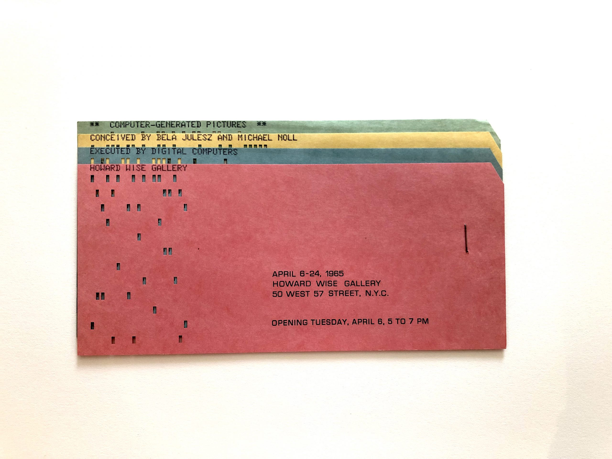 Four punch cards used as gallery invites, in green, yellow, blue and red, with the famous words Computer-Generated Pictures instead of using the word 'art'